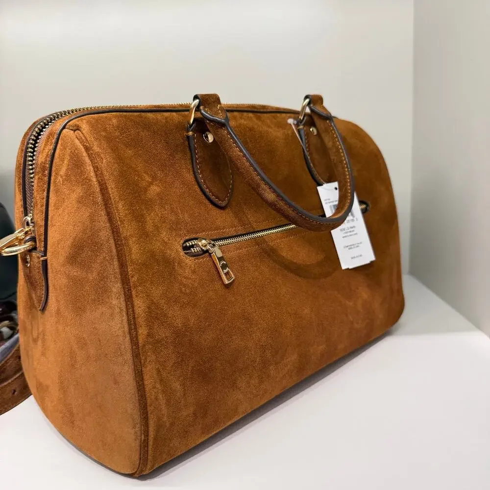 NEW‼️Coach Rowan Large Satchel Bag CET42 suede/Gold/Warm Brown